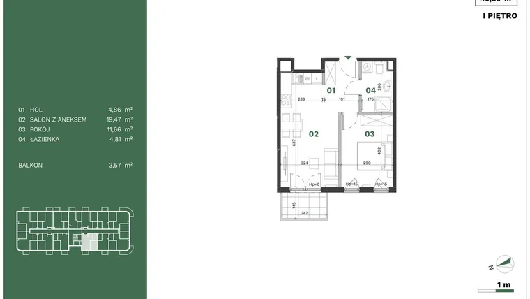 Rzut - Mieszkanie na sprzedaż 2 pokoje o powierzchni 40,8 m² - numer 26 w Przewóz Solar Garden