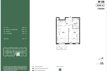 Rzut - Mieszkanie na sprzedaż 2 pokoje o powierzchni 40,8 m² - numer 26 w Przewóz Solar Garden
