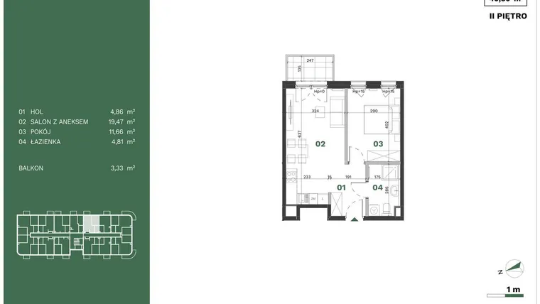 Rzut - Mieszkanie na sprzedaż 2 pokoje o powierzchni 40,8 m² - numer 34 w Przewóz Solar Garden