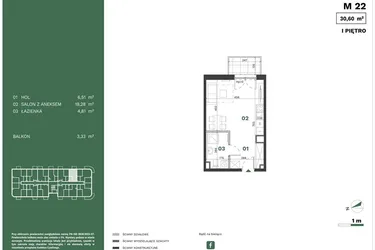 Rzut - Mieszkanie na sprzedaż 1 pokój o powierzchni 30,6 m² - numer 22 w Przewóz Solar Garden