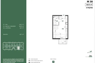 Rzut - Mieszkanie na sprzedaż 1 pokój o powierzchni 30,72 m² - numer 38 w Przewóz Solar Garden