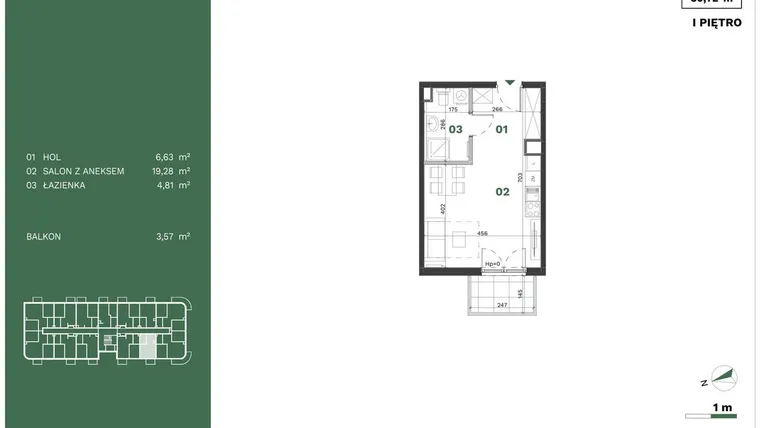 Rzut - Mieszkanie na sprzedaż 1 pokój o powierzchni 30,72 m² - numer 25 w Przewóz Solar Garden
