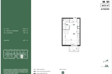Rzut - Mieszkanie na sprzedaż 1 pokój o powierzchni 30,72 m² - numer 51 w Przewóz Solar Garden