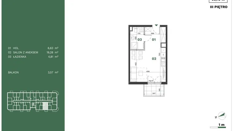 Rzut - Mieszkanie na sprzedaż 1 pokój o powierzchni 30,72 m² - numer 51 w Przewóz Solar Garden