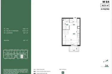 Rzut - Mieszkanie na sprzedaż 1 pokój o powierzchni 30,72 m² - numer 64 w Przewóz Solar Garden