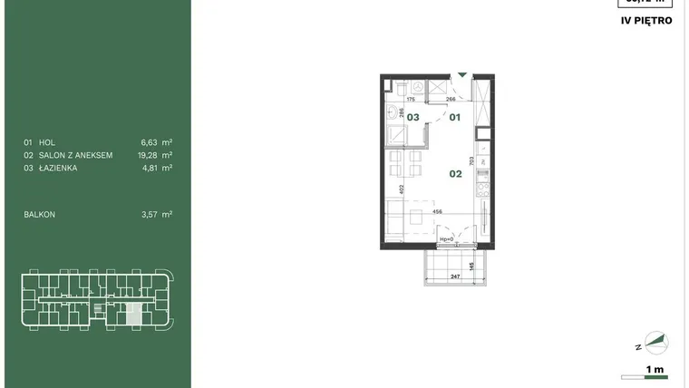 Rzut - Mieszkanie na sprzedaż 1 pokój o powierzchni 30,72 m² - numer 64 w Przewóz Solar Garden