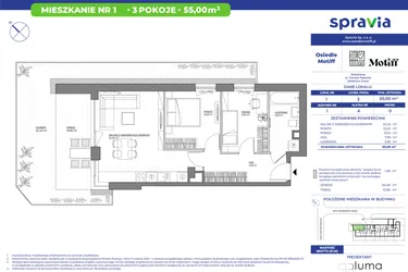 Rzut - Mieszkanie na sprzedaż 3 pokoje o powierzchni 55 m² - numer 1/1 w Osiedle Motiff