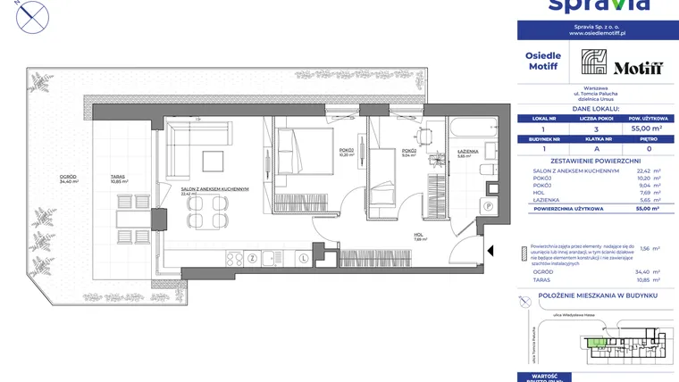 Rzut - Mieszkanie na sprzedaż 3 pokoje o powierzchni 55 m² - numer 1/1 w Osiedle Motiff