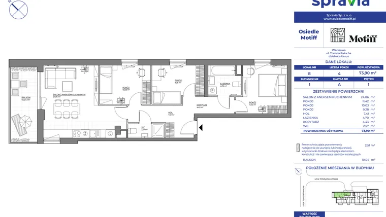 Rzut - Mieszkanie na sprzedaż 4 pokoje o powierzchni 73,9 m² - numer 1/8 w Osiedle Motiff