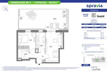 Rzut - Mieszkanie na sprzedaż 2 pokoje o powierzchni 45,15 m² - numer 1/3 w Osiedle Motiff