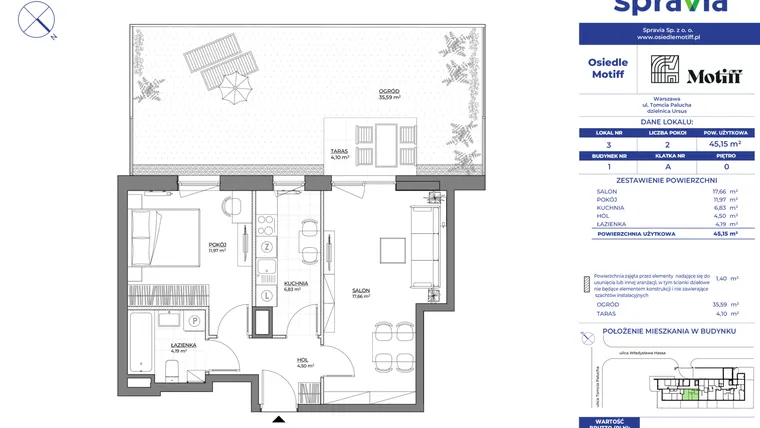 Rzut - Mieszkanie na sprzedaż 2 pokoje o powierzchni 45,15 m² - numer 1/3 w Osiedle Motiff