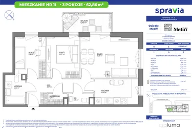Rzut - Mieszkanie na sprzedaż 3 pokoje o powierzchni 62,8 m² - numer 1/11 w Osiedle Motiff