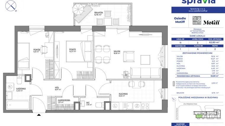 Rzut - Mieszkanie na sprzedaż 3 pokoje o powierzchni 62,8 m² - numer 1/11 w Osiedle Motiff