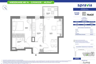 Rzut - Mieszkanie na sprzedaż 2 pokoje o powierzchni 45,13 m² - numer 1/14 w Osiedle Motiff