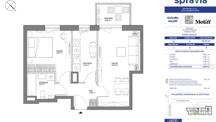 Rzut - Mieszkanie na sprzedaż 2 pokoje o powierzchni 45,13 m² - numer 1/14 w Osiedle Motiff
