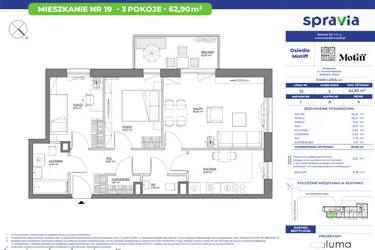 Rzut - Mieszkanie na sprzedaż 3 pokoje o powierzchni 62,9 m² - numer 1/19 w Osiedle Motiff