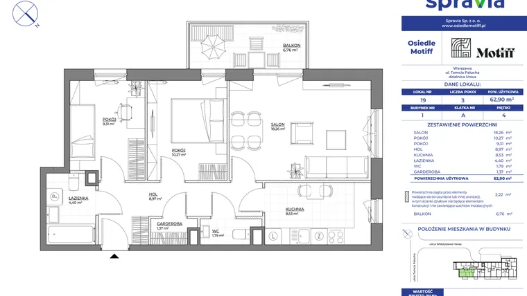 Rzut - Mieszkanie na sprzedaż 3 pokoje o powierzchni 62,9 m² - numer 1/19 w Osiedle Motiff