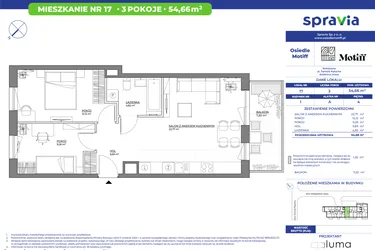 Rzut - Mieszkanie na sprzedaż 3 pokoje o powierzchni 54,66 m² - numer 1/17 w Osiedle Motiff