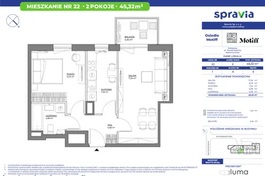 Rzut - Mieszkanie na sprzedaż 2 pokoje o powierzchni 45,32 m² - numer 1/22 w Osiedle Motiff