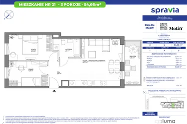 Rzut - Mieszkanie na sprzedaż 3 pokoje o powierzchni 54,66 m² - numer 1/21 w Osiedle Motiff