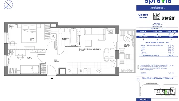 Rzut - Mieszkanie na sprzedaż 3 pokoje o powierzchni 54,66 m² - numer 1/21 w Osiedle Motiff