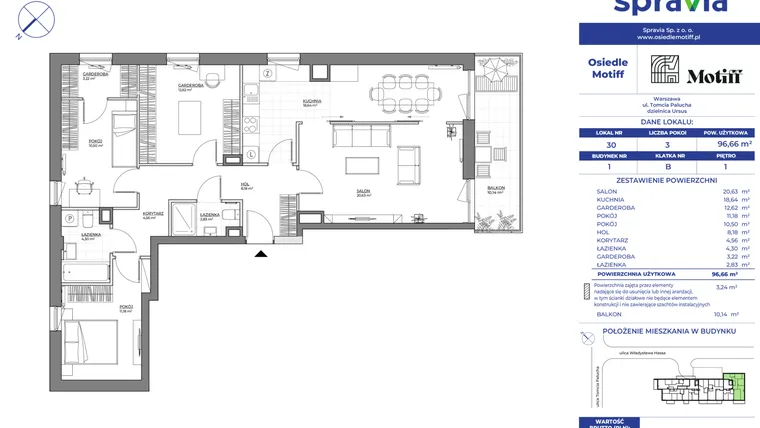 Rzut - Mieszkanie na sprzedaż 3 pokoje o powierzchni 96,66 m² - numer 1/30 w Osiedle Motiff
