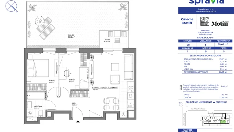 Rzut - Mieszkanie na sprzedaż 3 pokoje o powierzchni 50,47 m² - numer 1/28 w Osiedle Motiff