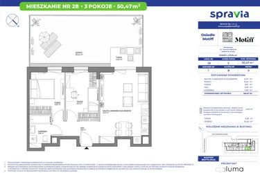 Rzut - Mieszkanie na sprzedaż 3 pokoje o powierzchni 50,47 m² - numer 1/28 w Osiedle Motiff