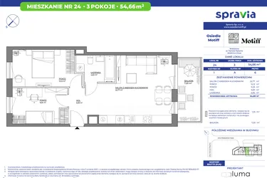 Rzut - Mieszkanie na sprzedaż 3 pokoje o powierzchni 54,66 m² - numer 1/24 w Osiedle Motiff