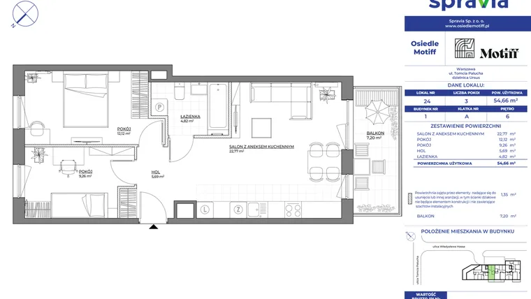 Rzut - Mieszkanie na sprzedaż 3 pokoje o powierzchni 54,66 m² - numer 1/24 w Osiedle Motiff