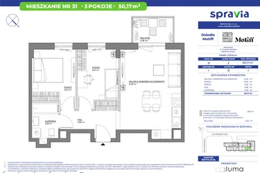 Rzut - Mieszkanie na sprzedaż 3 pokoje o powierzchni 50,17 m² - numer 1/31 w Osiedle Motiff
