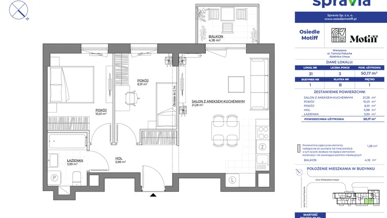 Rzut - Mieszkanie na sprzedaż 3 pokoje o powierzchni 50,17 m² - numer 1/31 w Osiedle Motiff