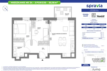 Rzut - Mieszkanie na sprzedaż 3 pokoje o powierzchni 50,16 m² - numer 1/34 w Osiedle Motiff