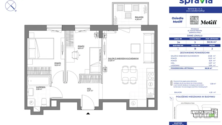 Rzut - Mieszkanie na sprzedaż 3 pokoje o powierzchni 50,16 m² - numer 1/34 w Osiedle Motiff