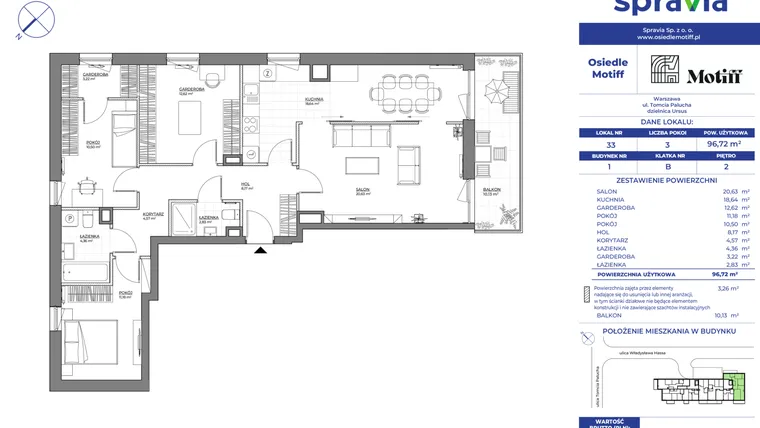 Rzut - Mieszkanie na sprzedaż 3 pokoje o powierzchni 96,72 m² - numer 1/33 w Osiedle Motiff