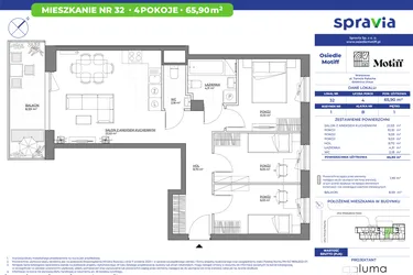 Rzut - Mieszkanie na sprzedaż 4 pokoje o powierzchni 66 m² - numer 1/32 w Osiedle Motiff