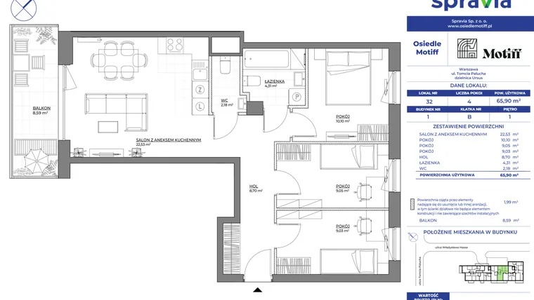 Rzut - Mieszkanie na sprzedaż 4 pokoje o powierzchni 65,9 m² - numer 1/32 w Osiedle Motiff