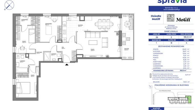 Rzut - Mieszkanie na sprzedaż 3 pokoje o powierzchni 98,12 m² - numer 1/39 w Osiedle Motiff