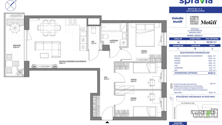 Rzut - Mieszkanie na sprzedaż 4 pokoje o powierzchni 66 m² - numer 1/41 w Osiedle Motiff
