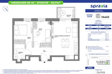 Rzut - Mieszkanie na sprzedaż 3 pokoje o powierzchni 50,17 m² - numer 1/40 w Osiedle Motiff