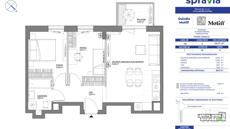 Rzut - Mieszkanie na sprzedaż 3 pokoje o powierzchni 50,17 m² - numer 1/40 w Osiedle Motiff