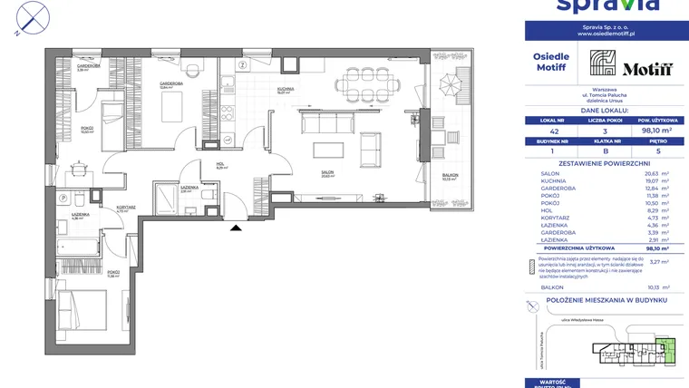 Rzut - Mieszkanie na sprzedaż 3 pokoje o powierzchni 98,1 m² - numer 1/42 w Osiedle Motiff