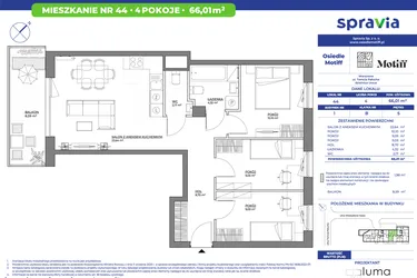 Rzut - Mieszkanie na sprzedaż 4 pokoje o powierzchni 66 m² - numer 1/44 w Osiedle Motiff
