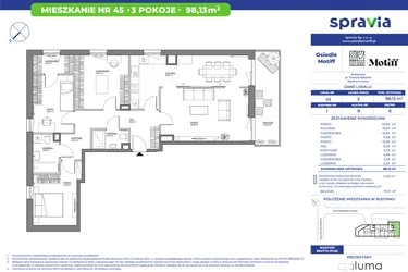 Rzut - Mieszkanie na sprzedaż 3 pokoje o powierzchni 98,13 m² - numer 1/45 w Osiedle Motiff