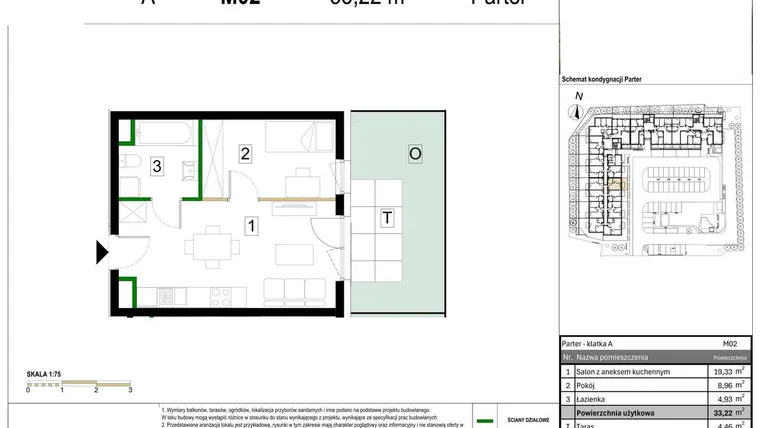 Rzut - Mieszkanie na sprzedaż 2 pokoje o powierzchni 33,22 m² - numer M02 w Zagórskie Tarasy