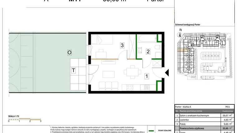 Rzut - Mieszkanie na sprzedaż 2 pokoje o powierzchni 33,65 m² - numer M11 w Zagórskie Tarasy