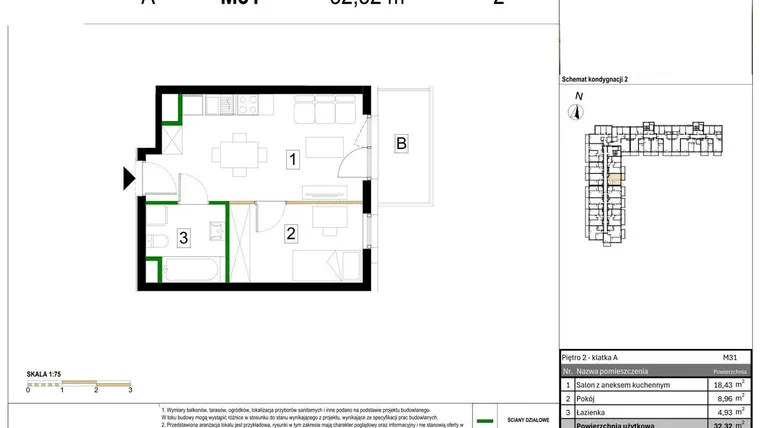Rzut - Mieszkanie na sprzedaż 2 pokoje o powierzchni 32,32 m² - numer M31 w Zagórskie Tarasy