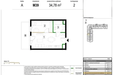 Rzut - Mieszkanie na sprzedaż 2 pokoje o powierzchni 34,78 m² - numer M39 w Zagórskie Tarasy