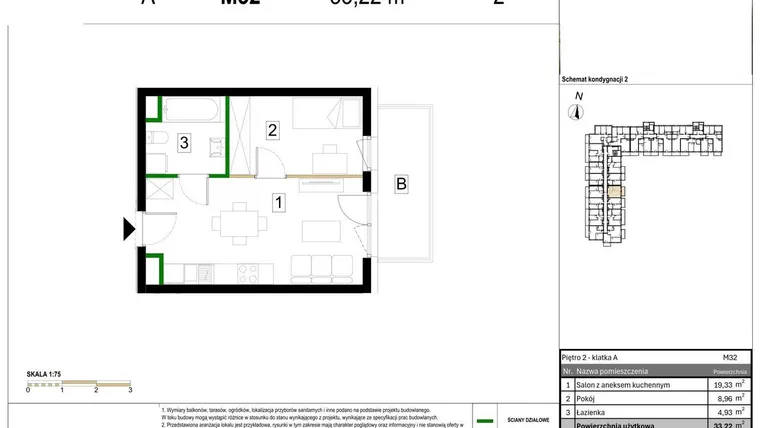 Rzut - Mieszkanie na sprzedaż 2 pokoje o powierzchni 33,22 m² - numer M32 w Zagórskie Tarasy