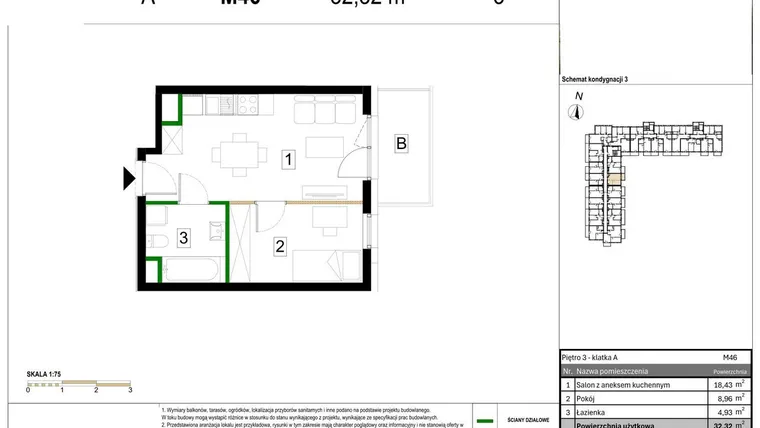 Rzut - Mieszkanie na sprzedaż 2 pokoje o powierzchni 32,32 m² - numer M46 w Zagórskie Tarasy